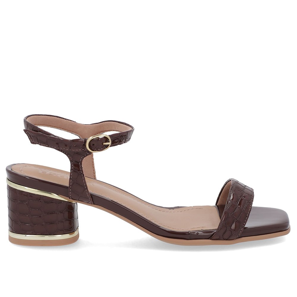 Sandália Salto Bloco Verniz Marrom Detalhe Salto