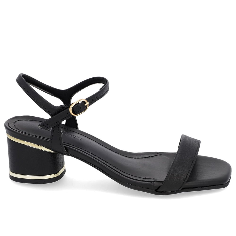 Sandália Salto Bloco Couro Preta Detalhe Salto