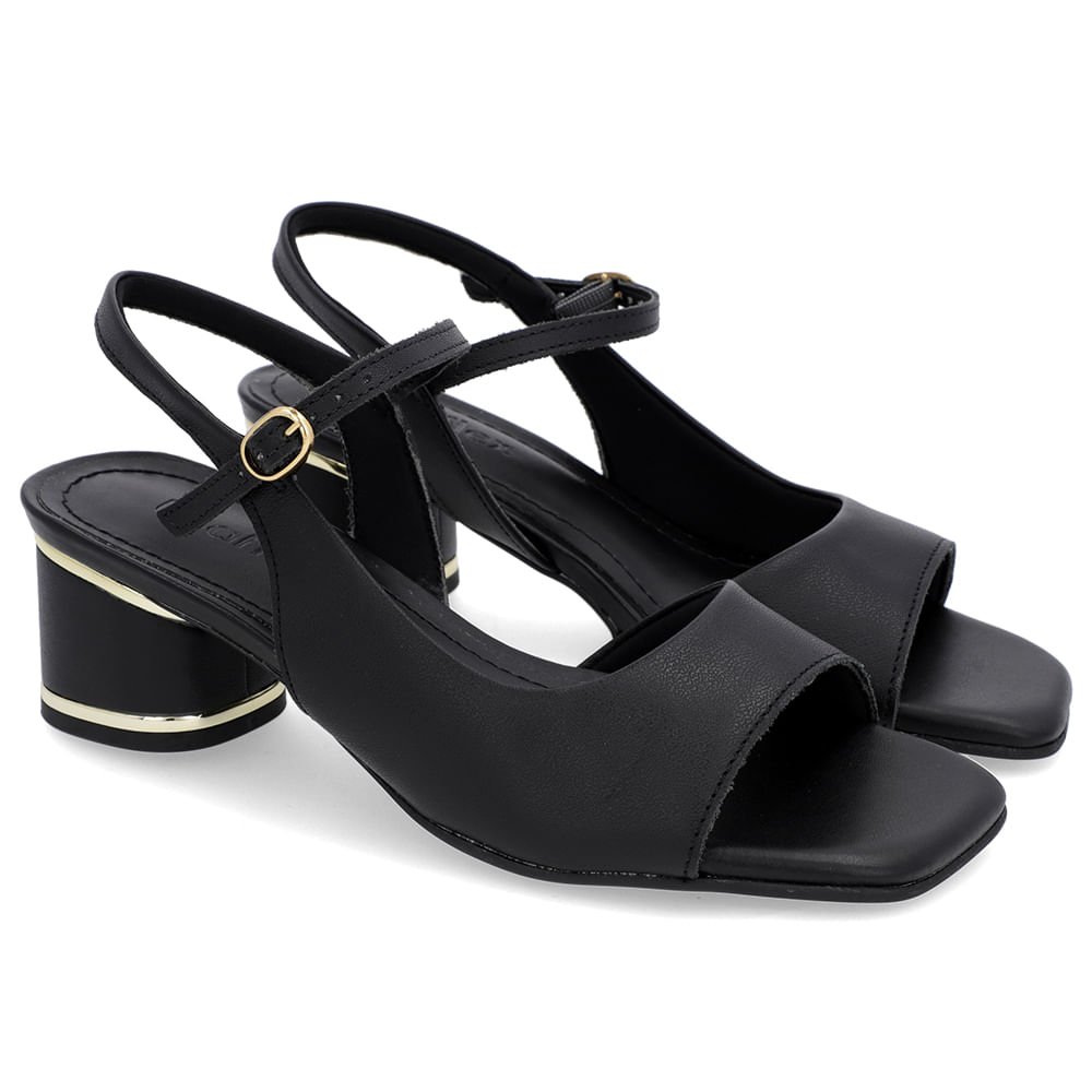 Sandália Recorte Lateral Couro Preta Preto 2