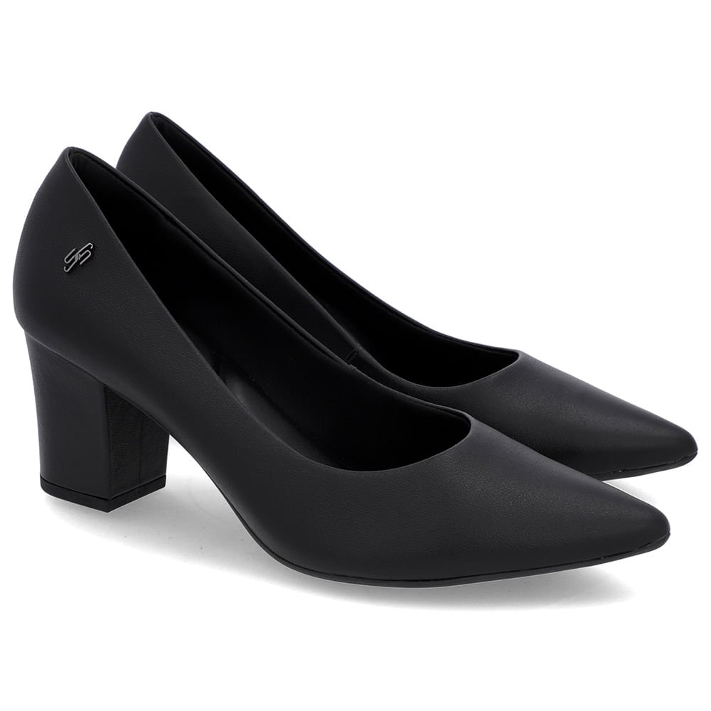 Scarpin Salto Bloco Couro Preto Bico Fino Preto 2