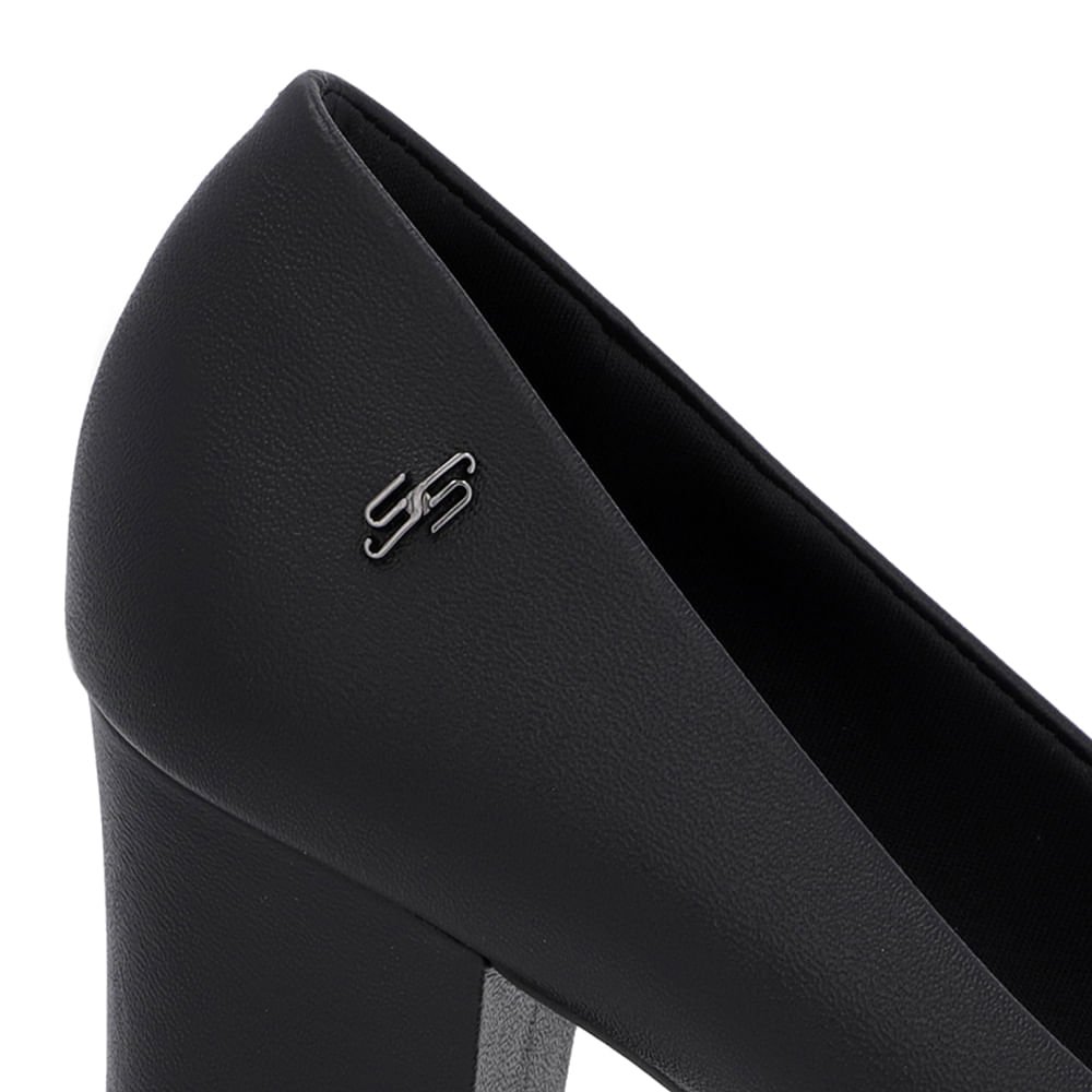 Scarpin Salto Bloco Couro Preto Bico Fino Preto 4
