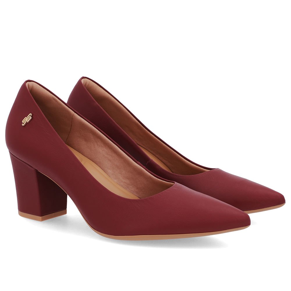 Scarpin Salto Bloco Couro Vermelho Bico Fino Bordô 2