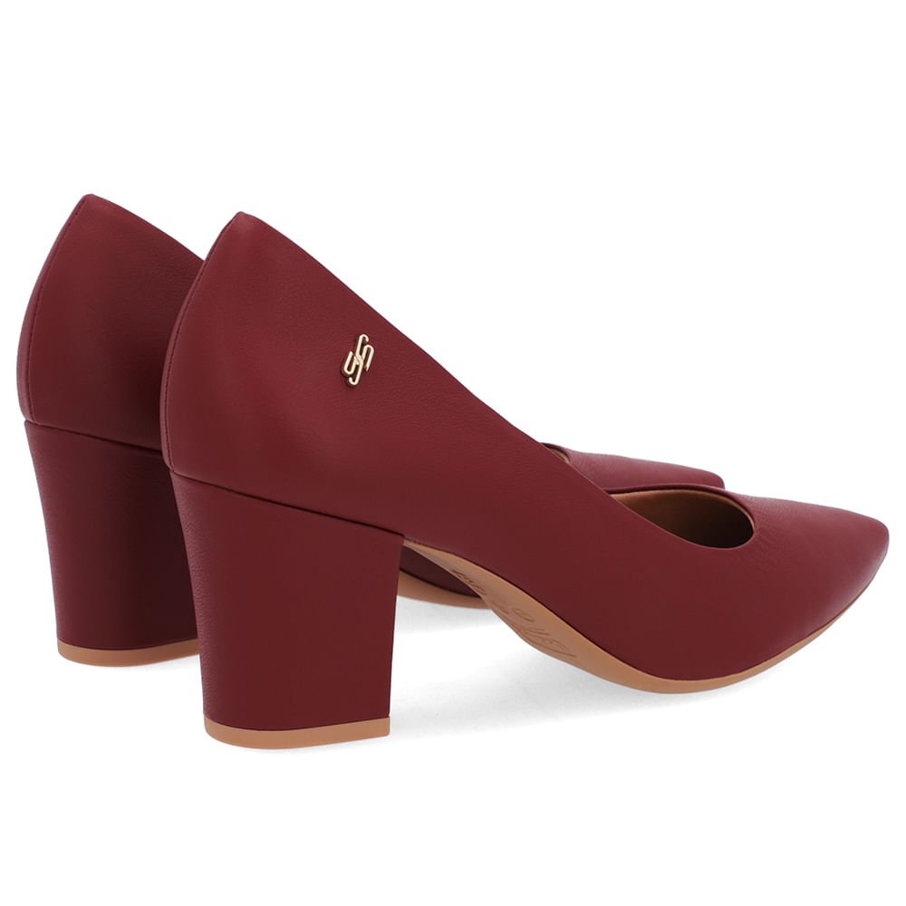 Scarpin Salto Bloco Couro Vermelho Bico Fino Bordô 3