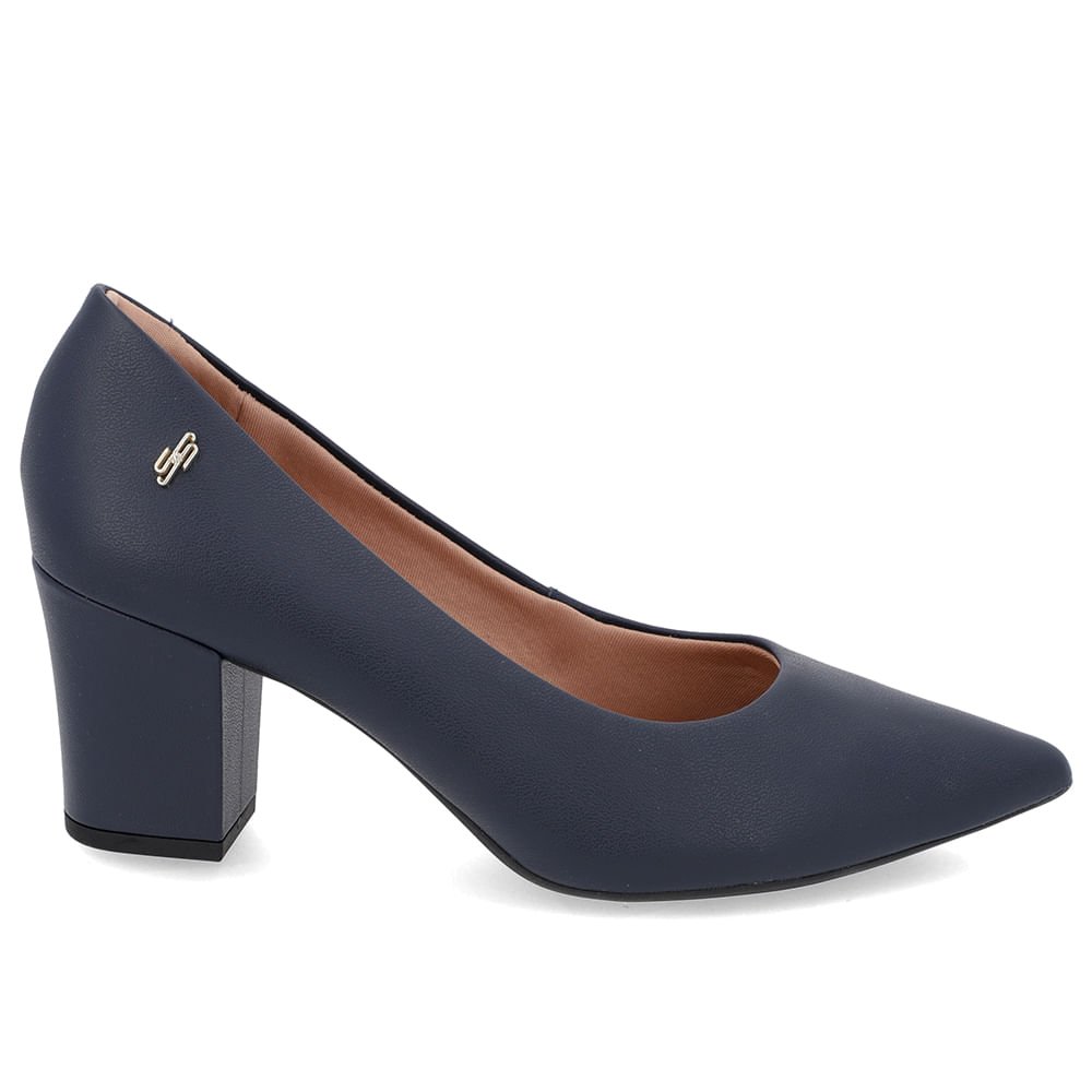 Scarpin Salto Bloco Couro Azul Bico Fino