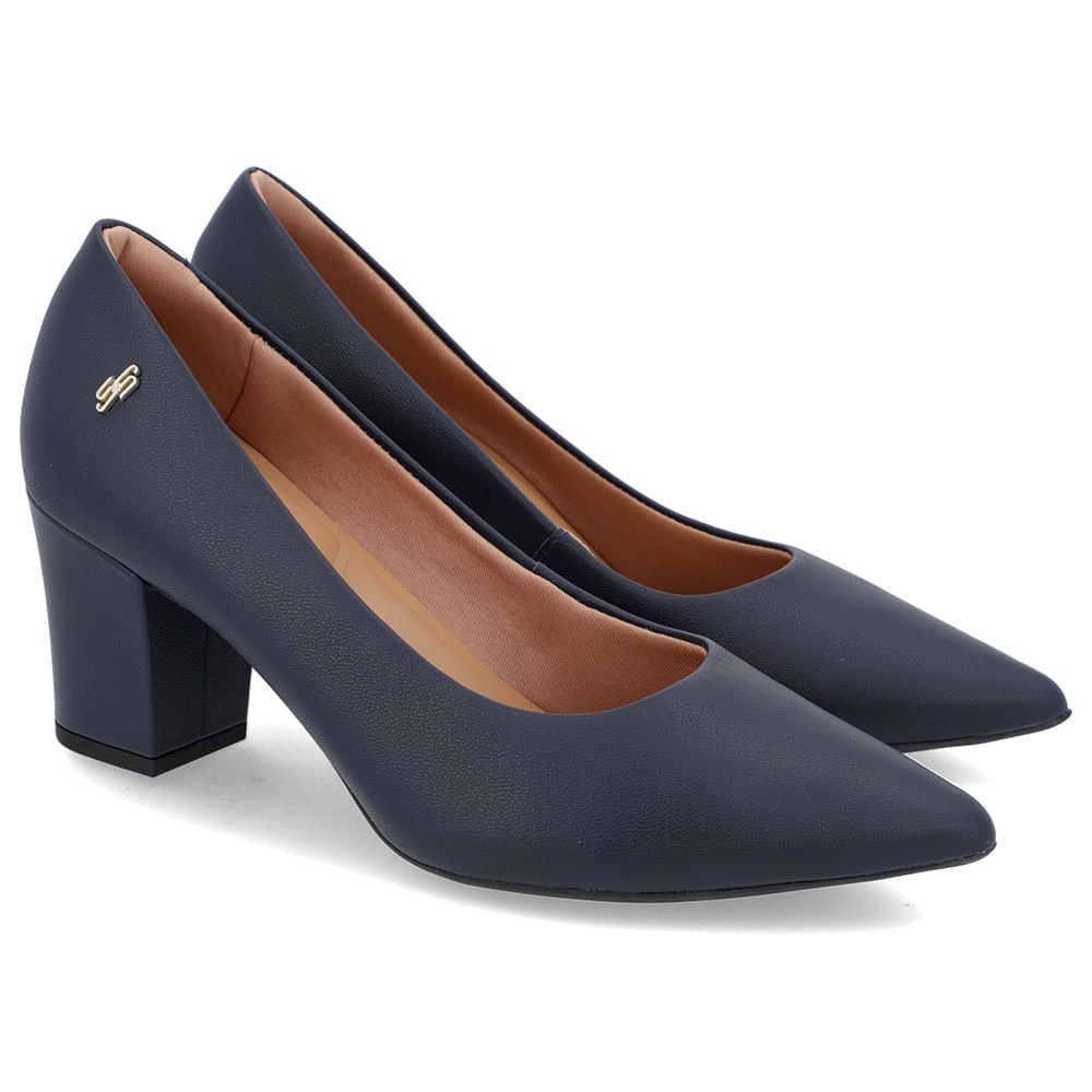 Scarpin Salto Bloco Couro Azul Bico Fino Azul 2