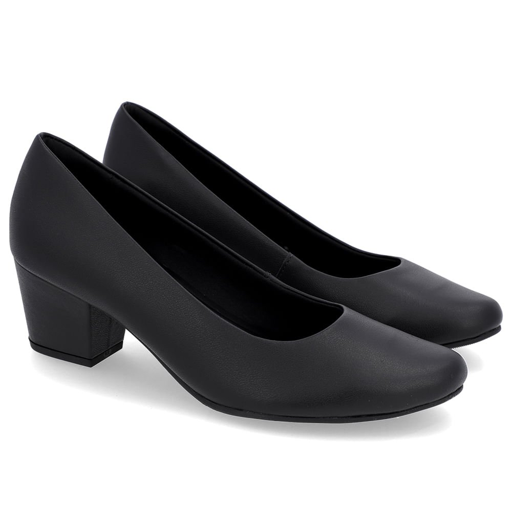 Scarpin Salto Bloco Couro Preto Bico Redondo Preto 2