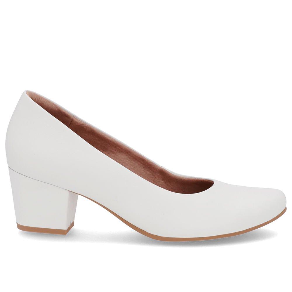 Scarpin Salto Bloco Couro Branco Bico Redondo