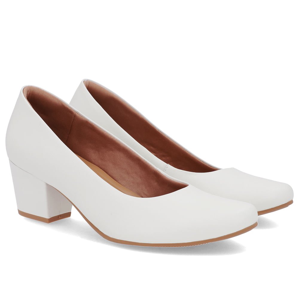 Scarpin Salto Bloco Couro Branco Bico Redondo Branco 2