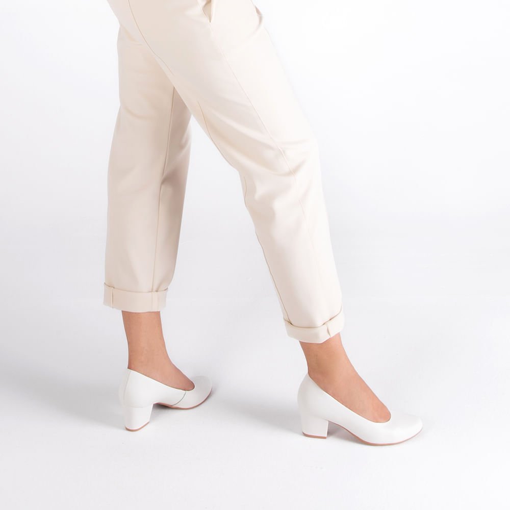 Scarpin Salto Bloco Couro Branco Bico Redondo Branco 4