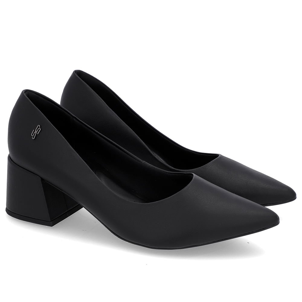 Scarpin Salto Bloco Couro Preto Bico Fino Preto 2
