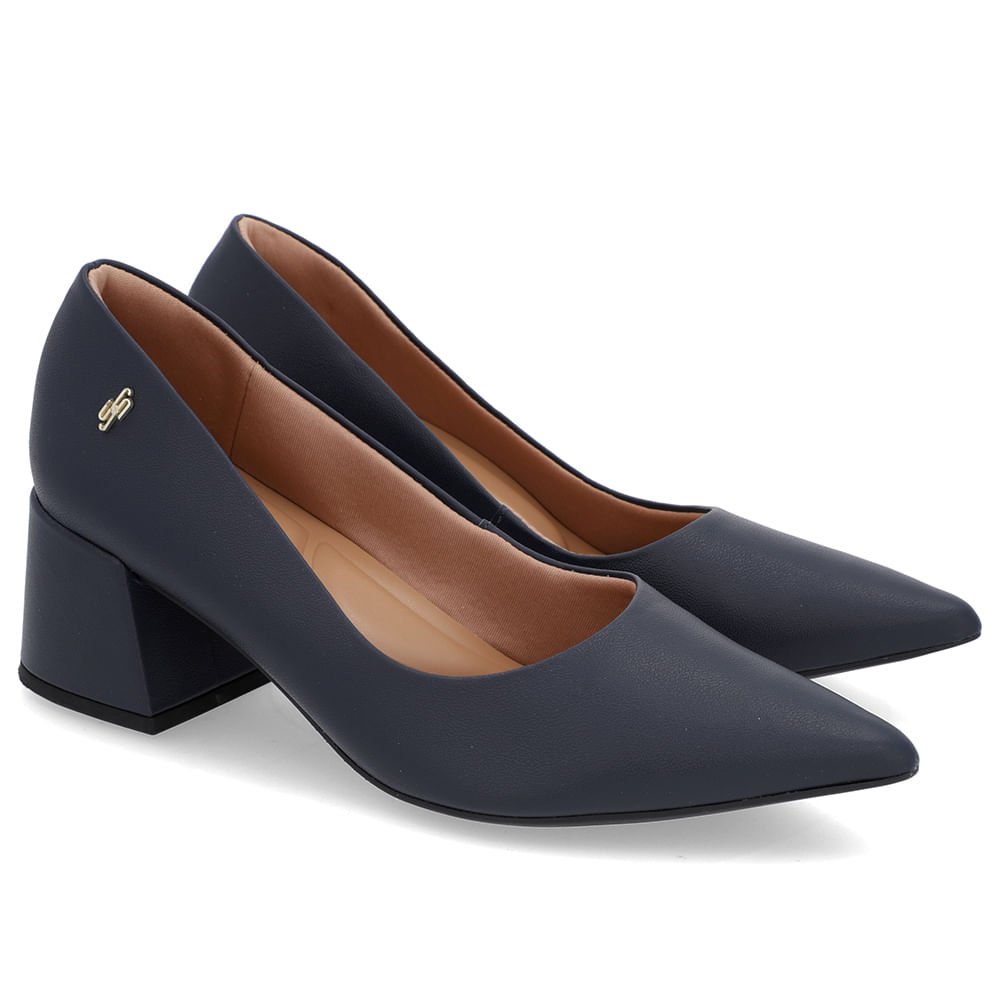 Scarpin Salto Bloco Couro Azul Bico Fino Azul 2