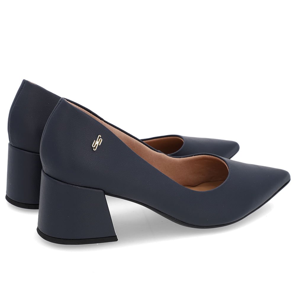 Scarpin Salto Bloco Couro Azul Bico Fino Azul 3