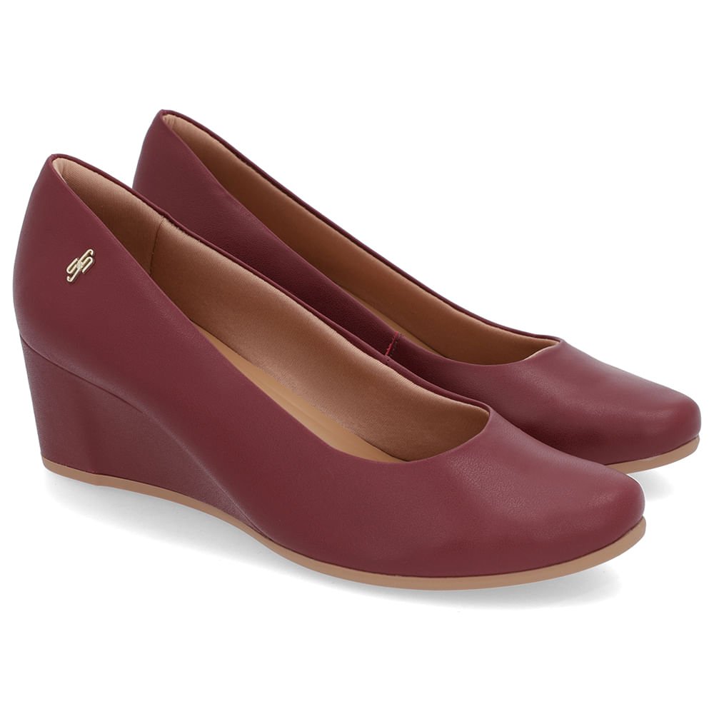 Scarpin Salto Baixo Couro Vermelho Bico Redondo Bordô 2