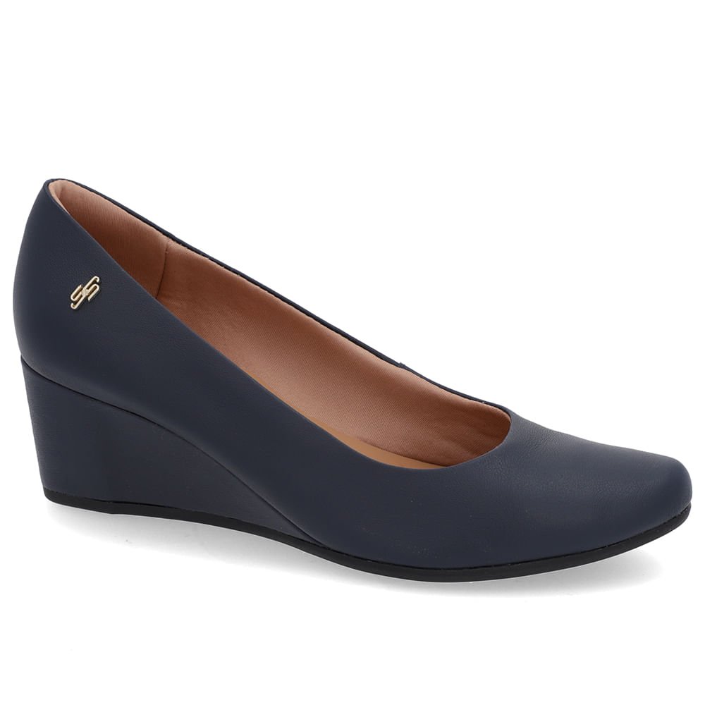 Scarpin Salto Baixo Couro Azul Bico Redondo