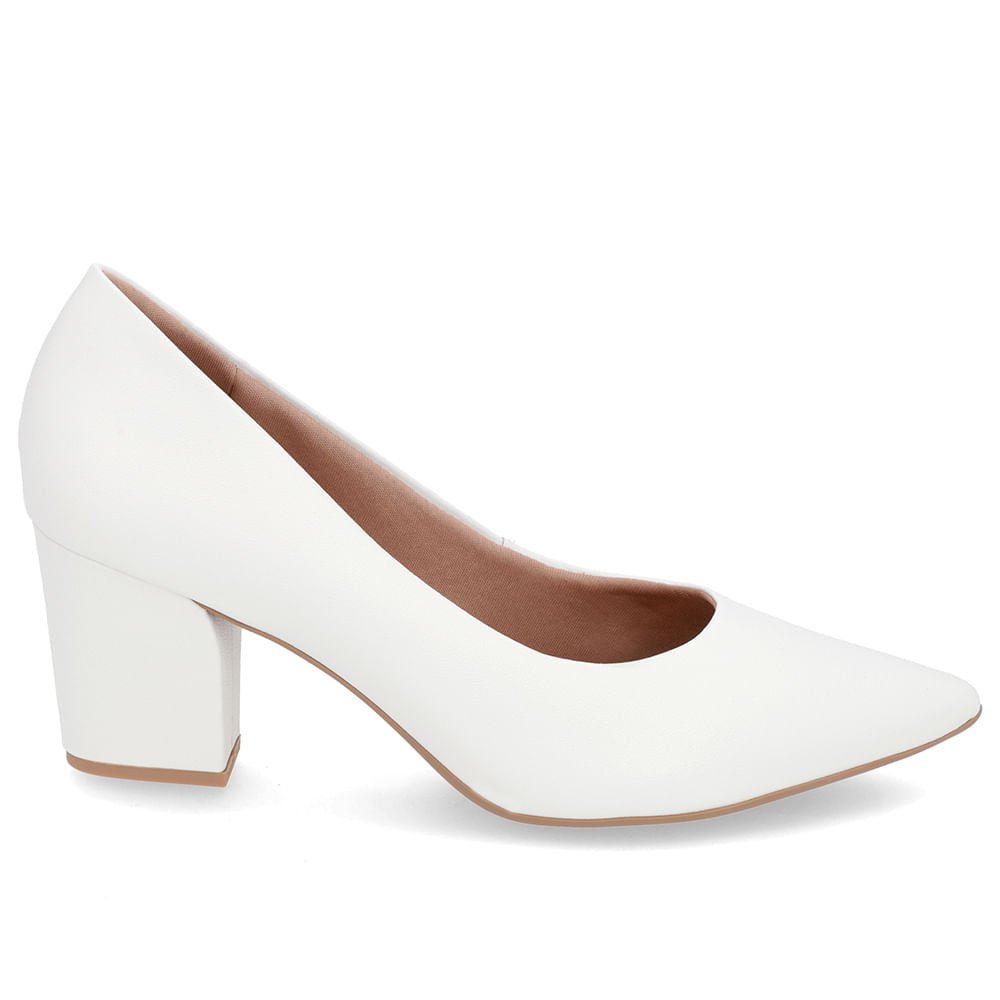 Scarpin Salto Bloco Couro Branco Bico Fino