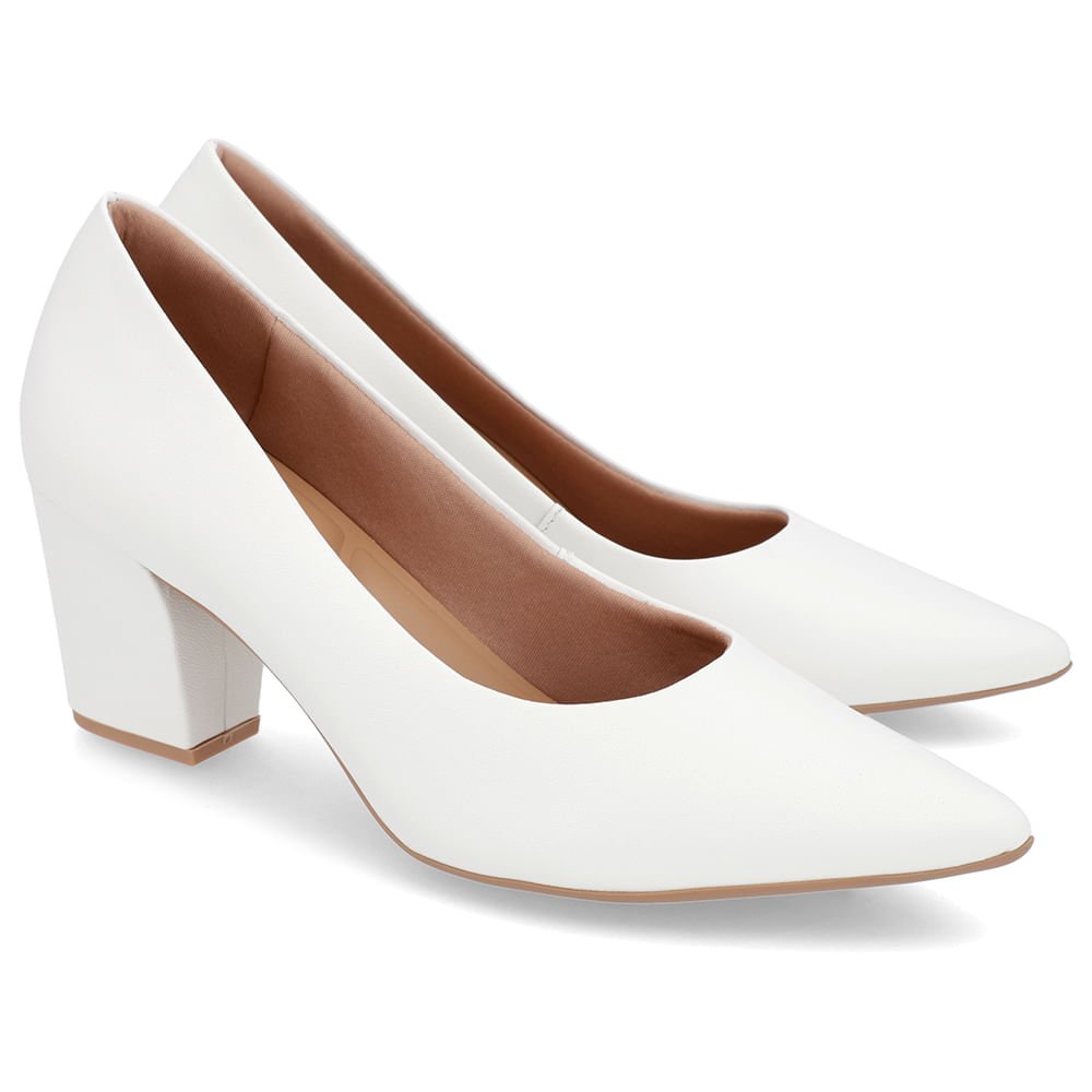 Scarpin Salto Bloco Couro Branco Bico Fino Branco 2