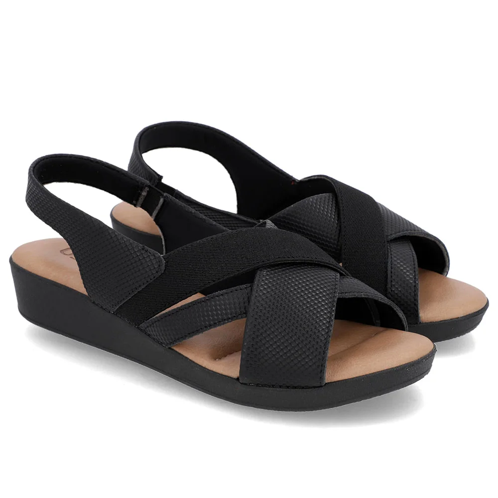 Sandália Salto Baixo Tiras Couro Preta Preto 2