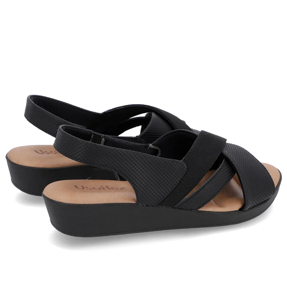 Sandália Salto Baixo Tiras Couro Preta Preto 3