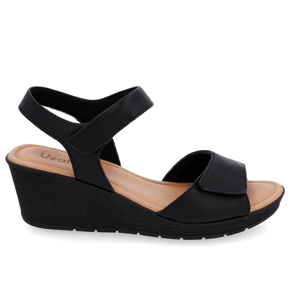 Sandália Salto Médio Couro Preto Fecho-Flex