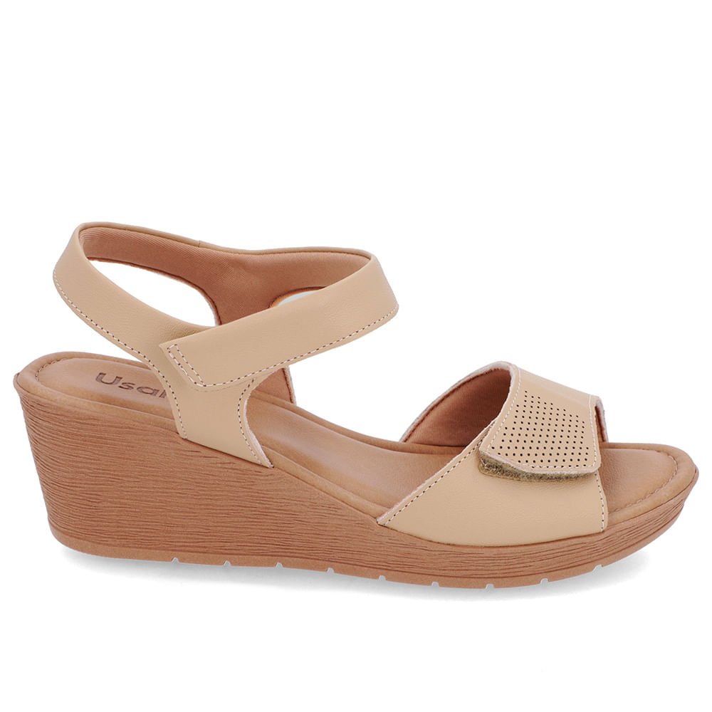 Sandália Salto Médio Couro Bege Fecho-Flex Bege 1