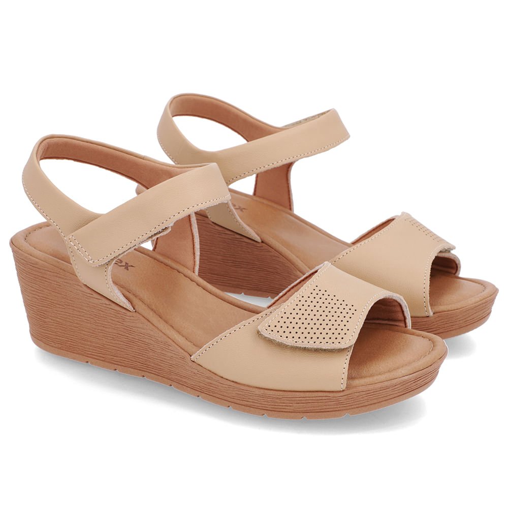 Sandália Salto Médio Couro Bege Fecho-Flex Bege 2