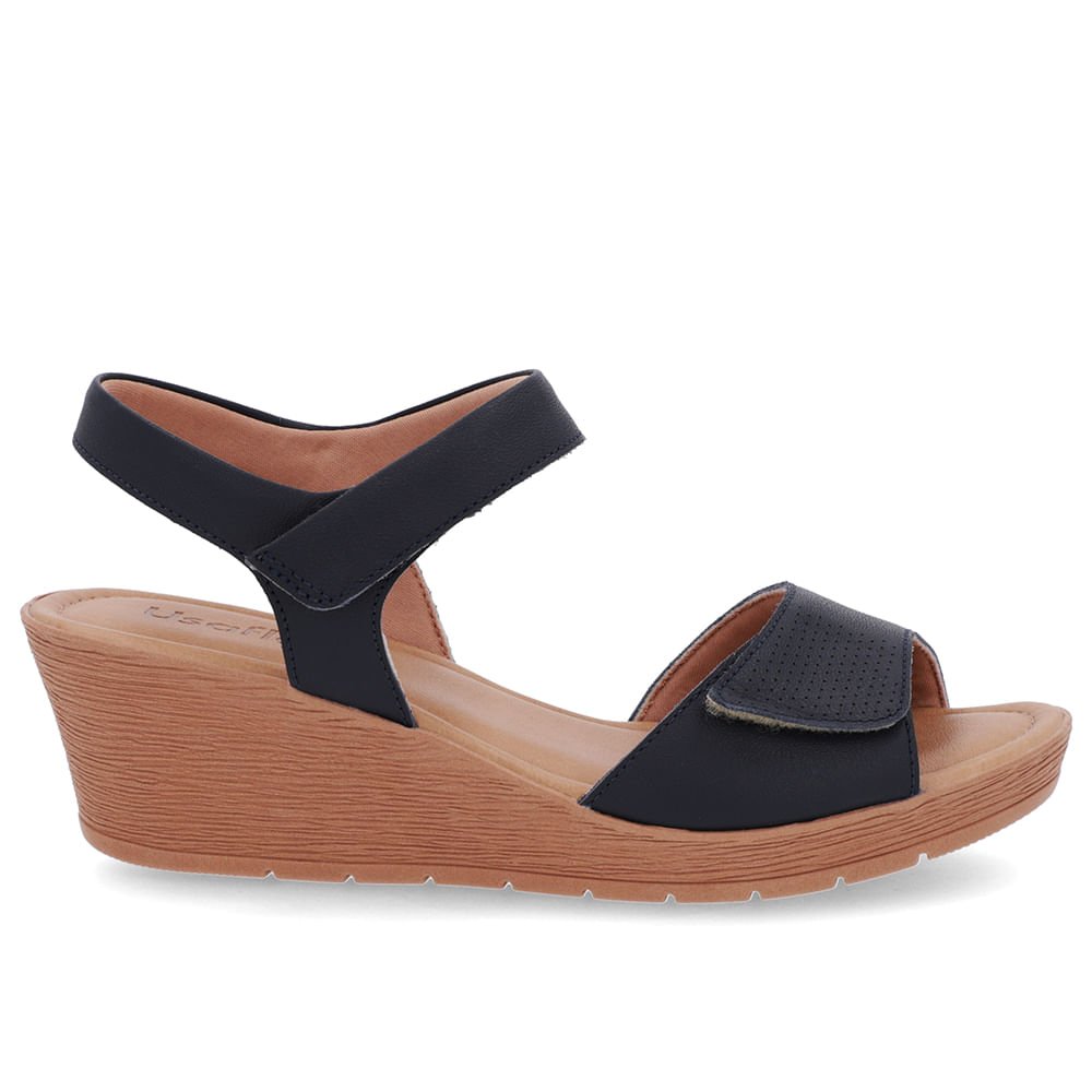 Sandália Salto Médio Couro Azul Fecho-Flex