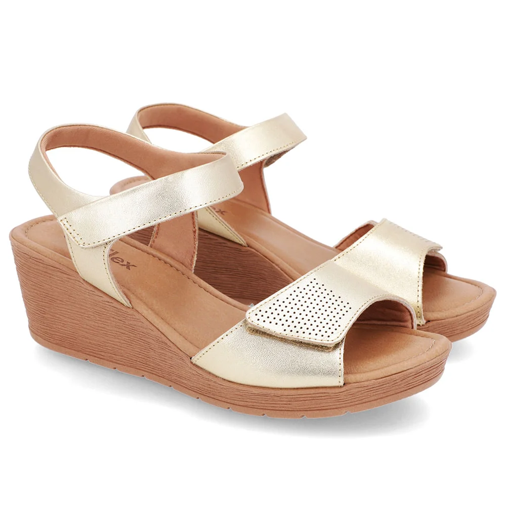 Sandália Salto Médio Couro Dourado Fecho-Flex Dourado 2