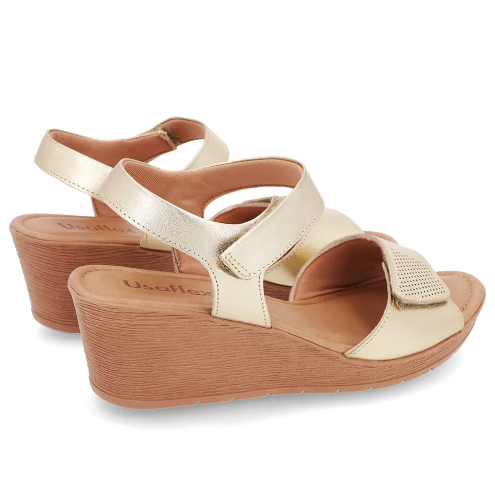 Sandália Salto Médio Couro Dourado Fecho-Flex Dourado 3