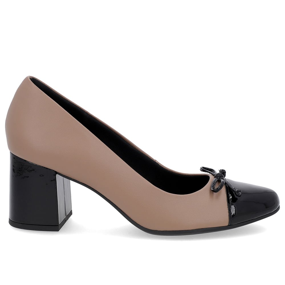Scarpin Salto Bloco Couro Marrom Bico Verniz Marrom 1