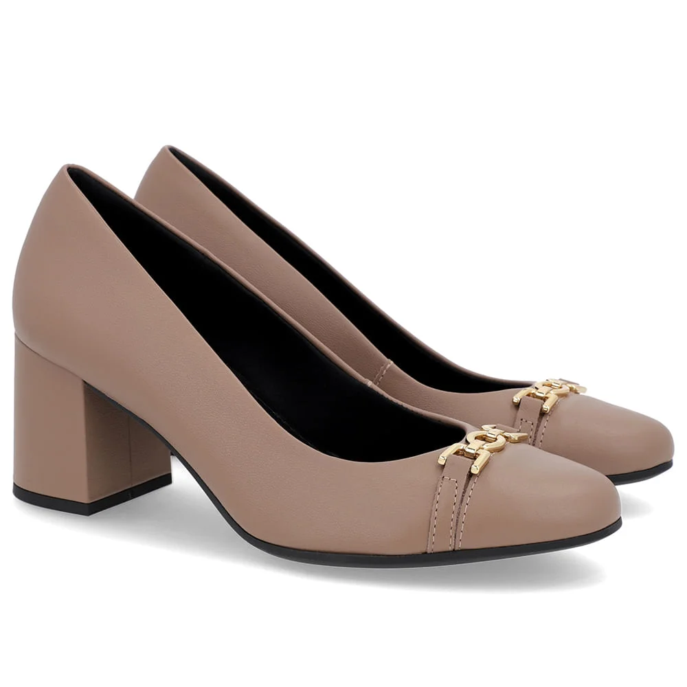 Scarpin Salto Bloco Couro Marrom Detalhe Verniz Marrom 2