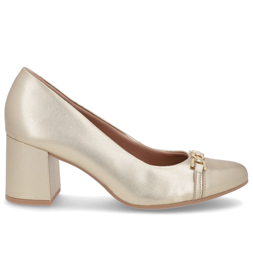 Scarpin Salto Bloco Couro Dourado
