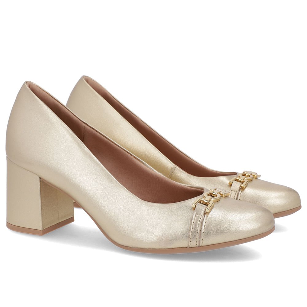 Scarpin Salto Bloco Couro Dourado Dourado 2
