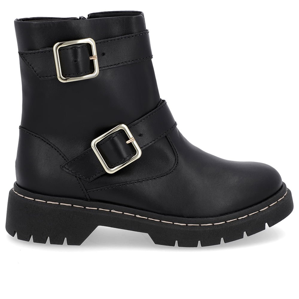 Bota Salto Plataforma Preta Couro Duas Fivelas