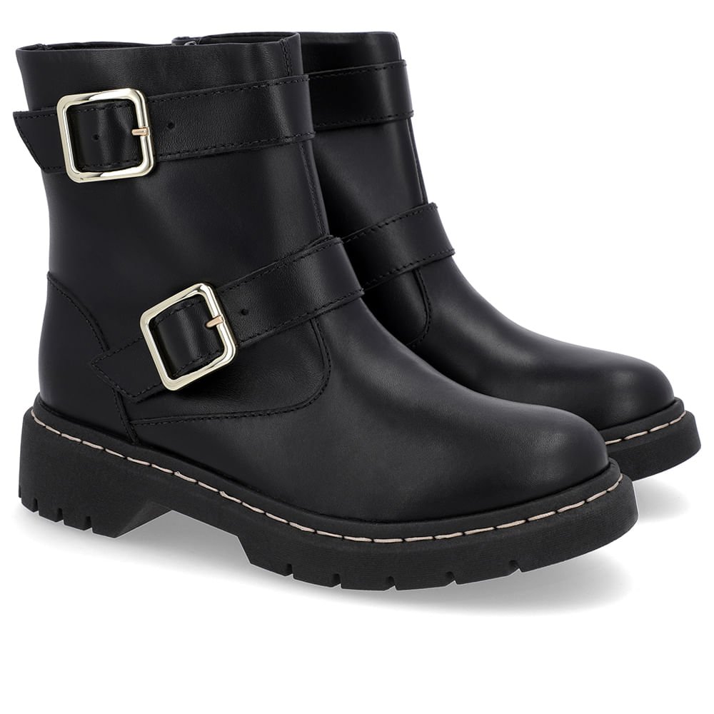 Bota Salto Plataforma Preta Couro Duas Fivelas Preto 2