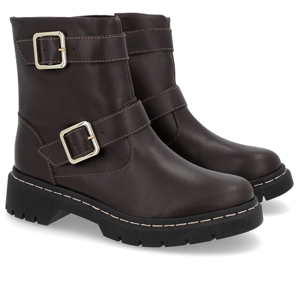 Bota Salto Plataforma Marrom Couro Duas Fivelas Marrom 2
