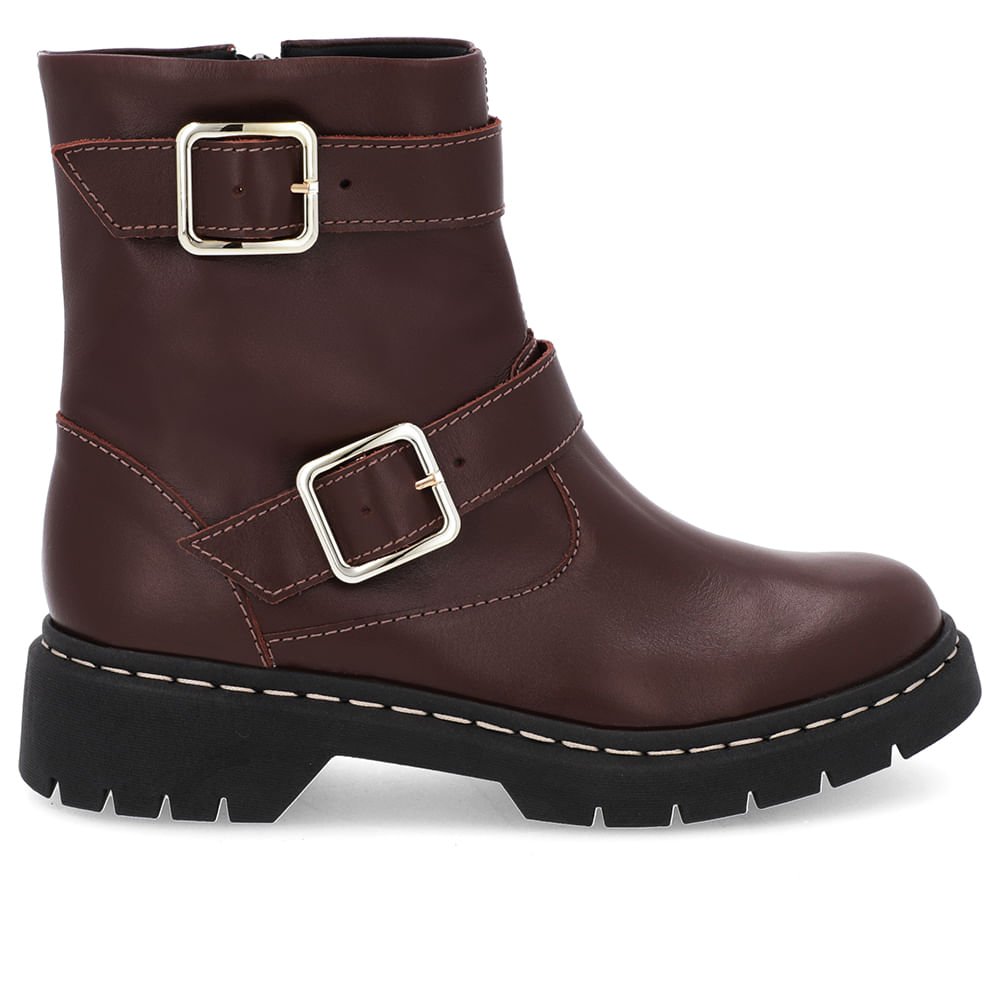 Bota Salto Plataforma Marrom Couro Duas Fivelas