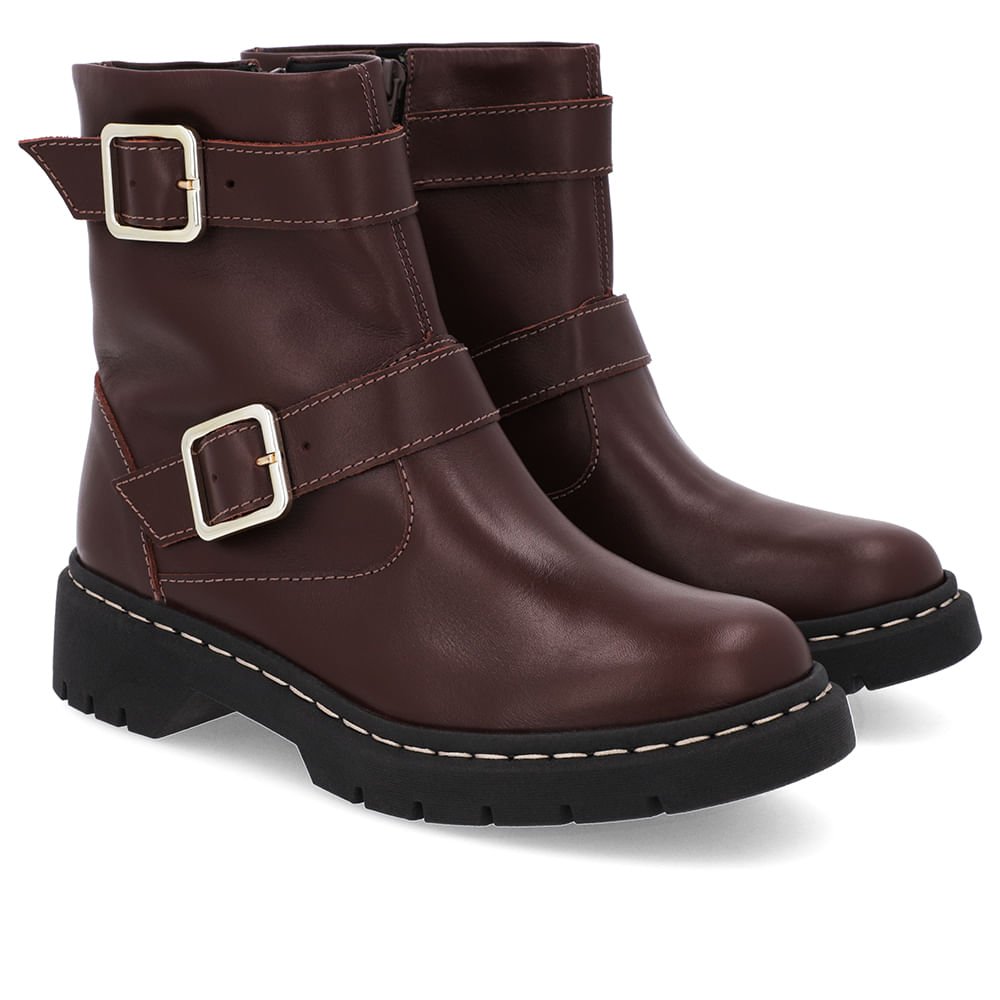 Bota Salto Plataforma Marrom Couro Duas Fivelas Marrom 2