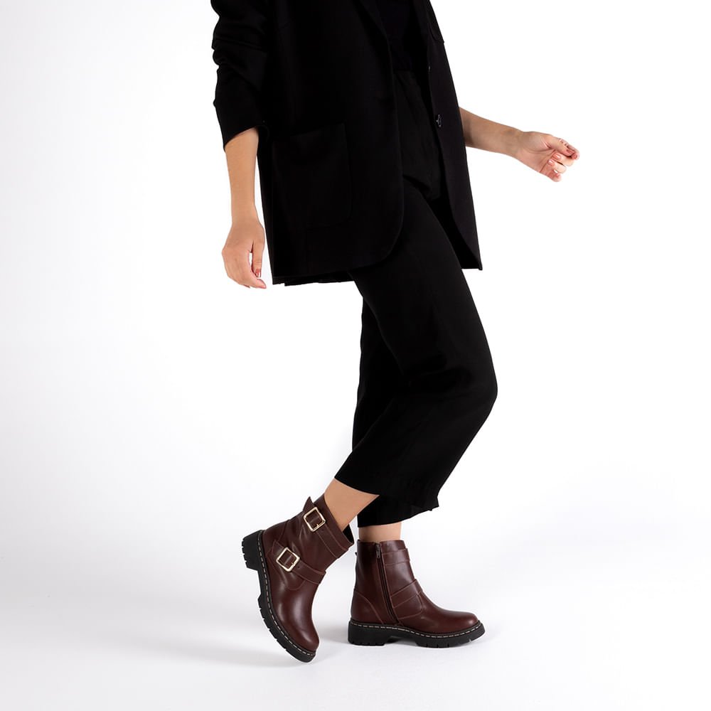 Bota Salto Plataforma Marrom Couro Duas Fivelas Marrom 4