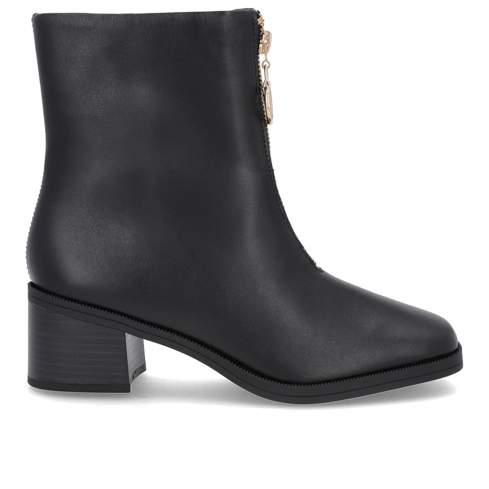 Bota Bico Quadrado Preta Couro Zíper Frontal