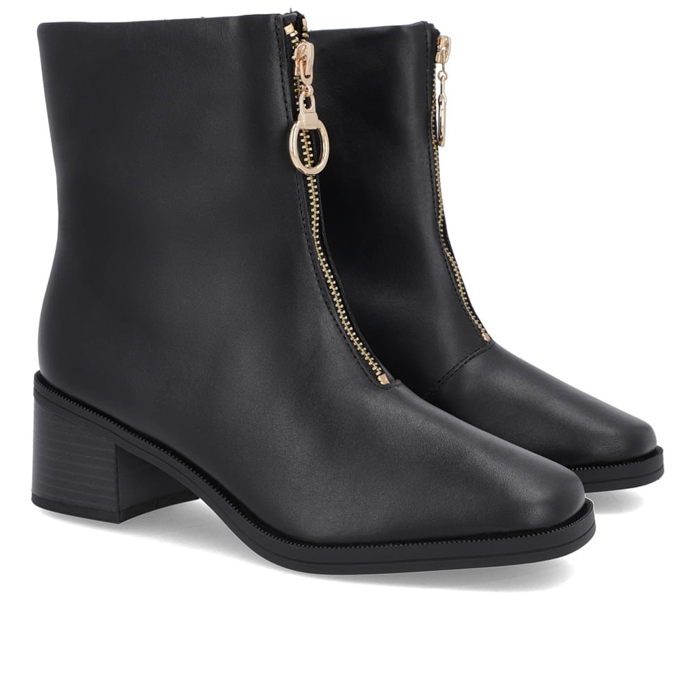 Bota Bico Quadrado Preta Couro Zíper Frontal Preto 2