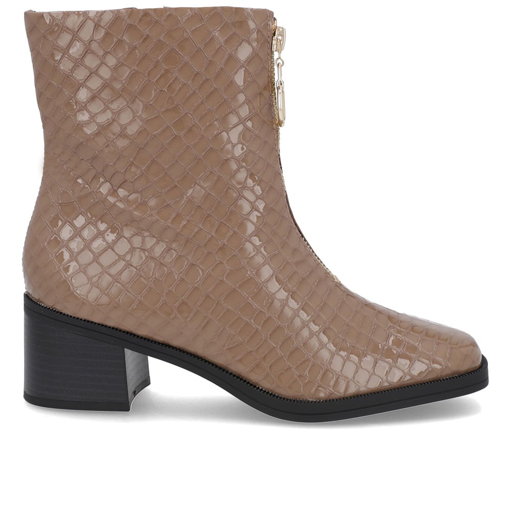 Bota Bico Quadrado Marrom Clara Verniz Zíper Frontal