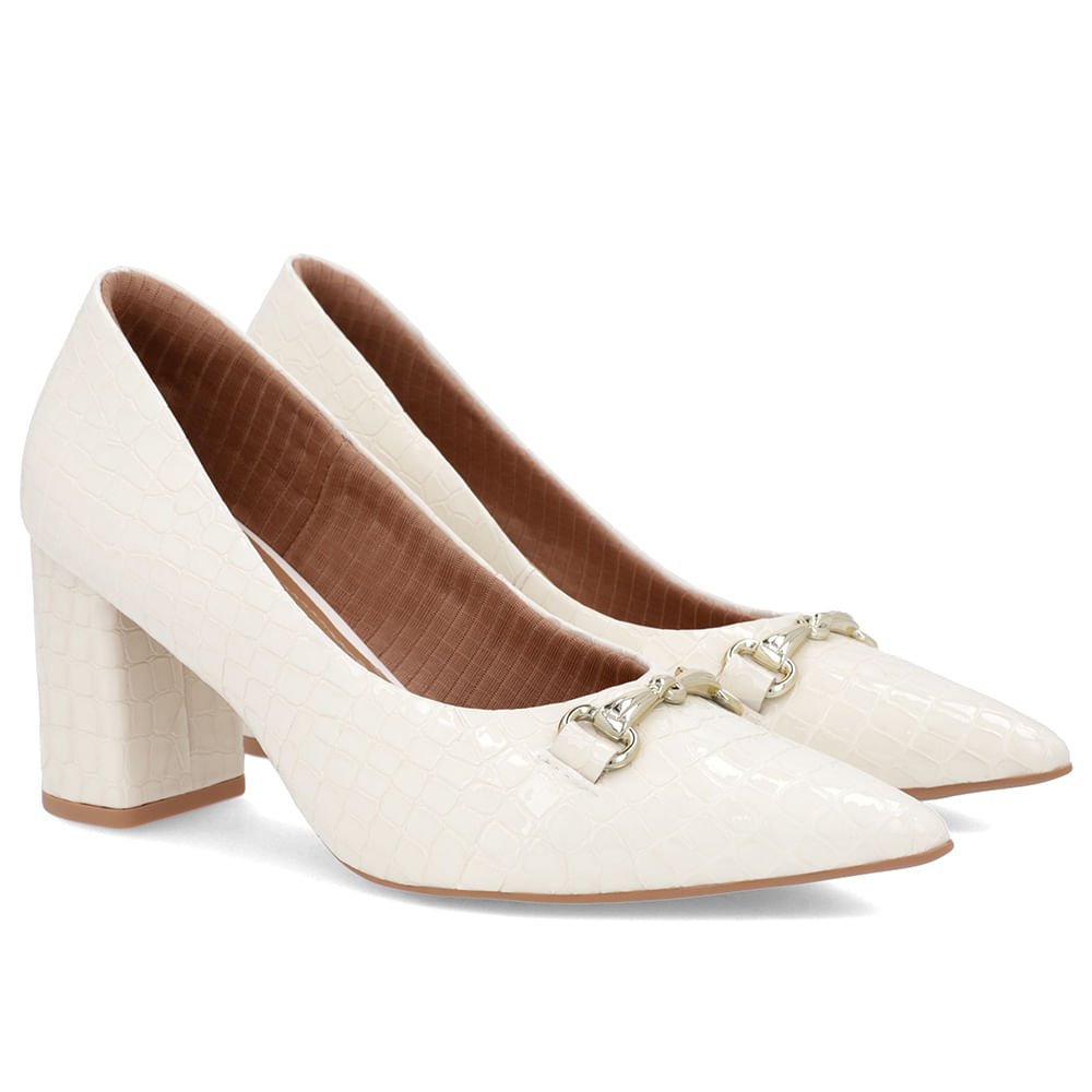Scarpin Salto Bloco Verniz Branco Marfim Bridão Bico Fino Branco 2