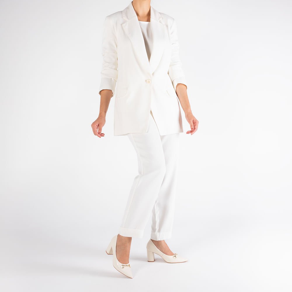 Scarpin Salto Bloco Verniz Branco Marfim Bridão Bico Fino Branco 4