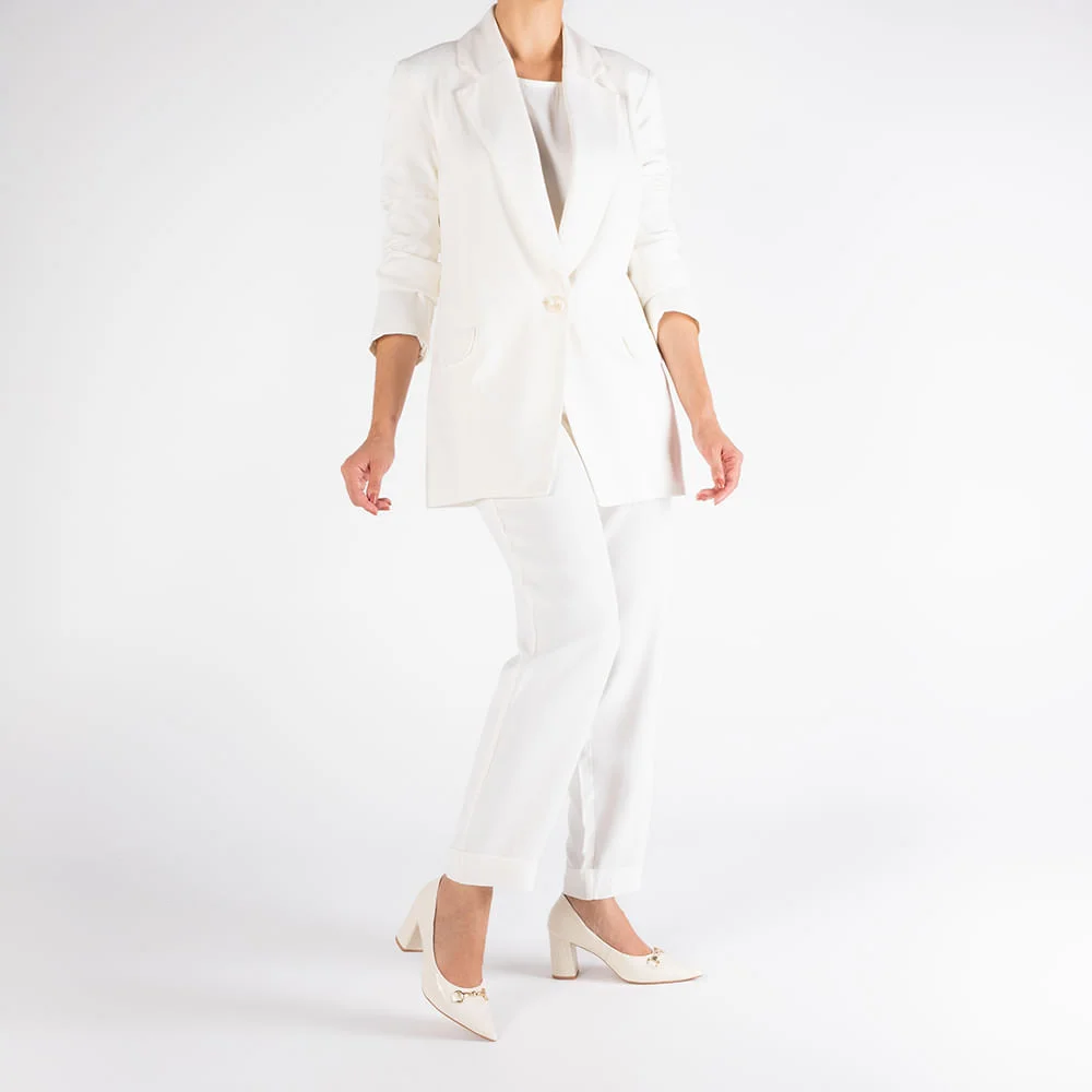 Scarpin Salto Bloco Verniz Branco Marfim Bridão Bico Fino Branco 4