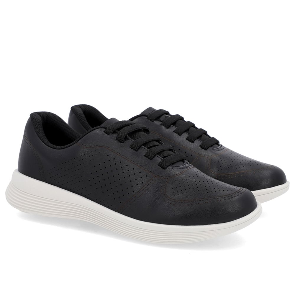 Tênis Preto Couro Furos Cadarço Elástico Preto 2