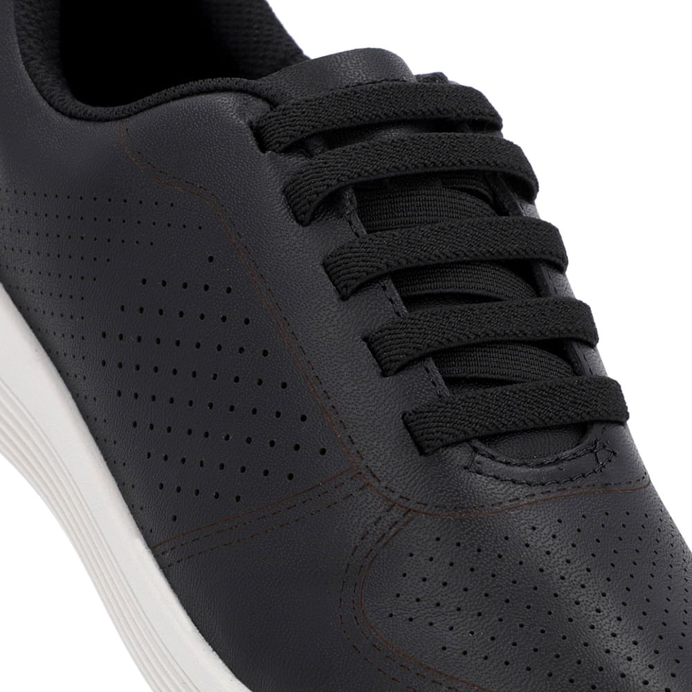 Tênis Preto Couro Furos Cadarço Elástico Preto 4