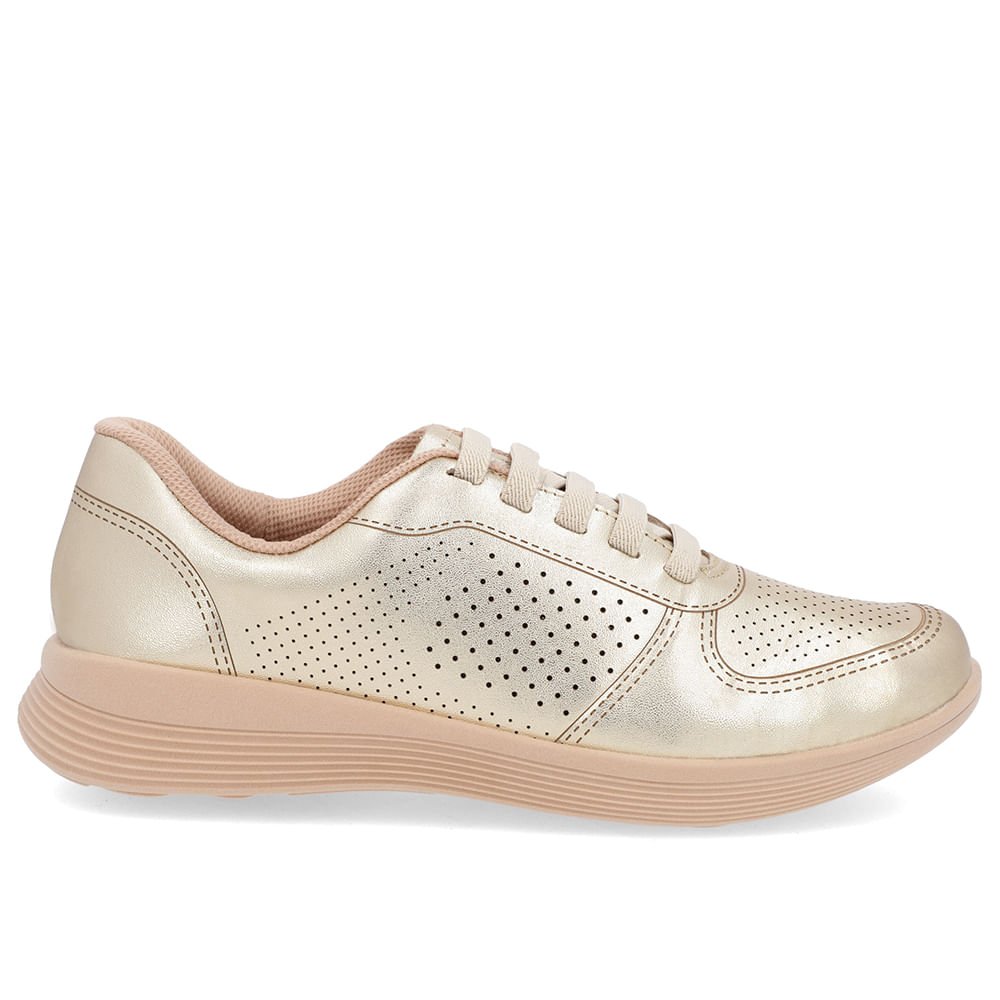 Tênis Dourado Couro Furos Cadarço Elástico