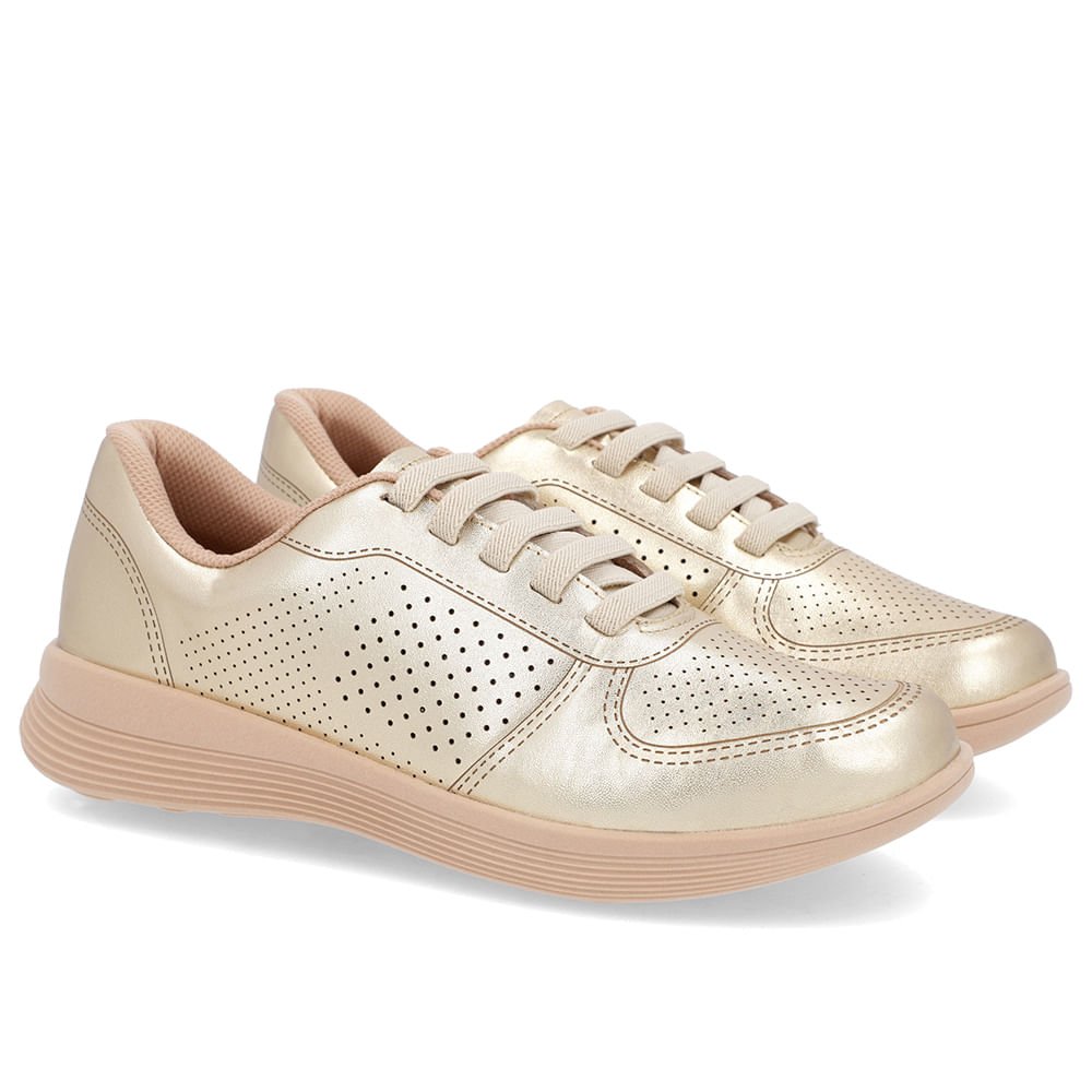 Tênis Dourado Couro Furos Cadarço Elástico Dourado 2