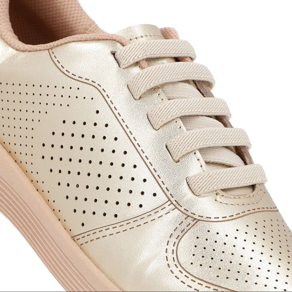 Tênis Dourado Couro Furos Cadarço Elástico Dourado 4