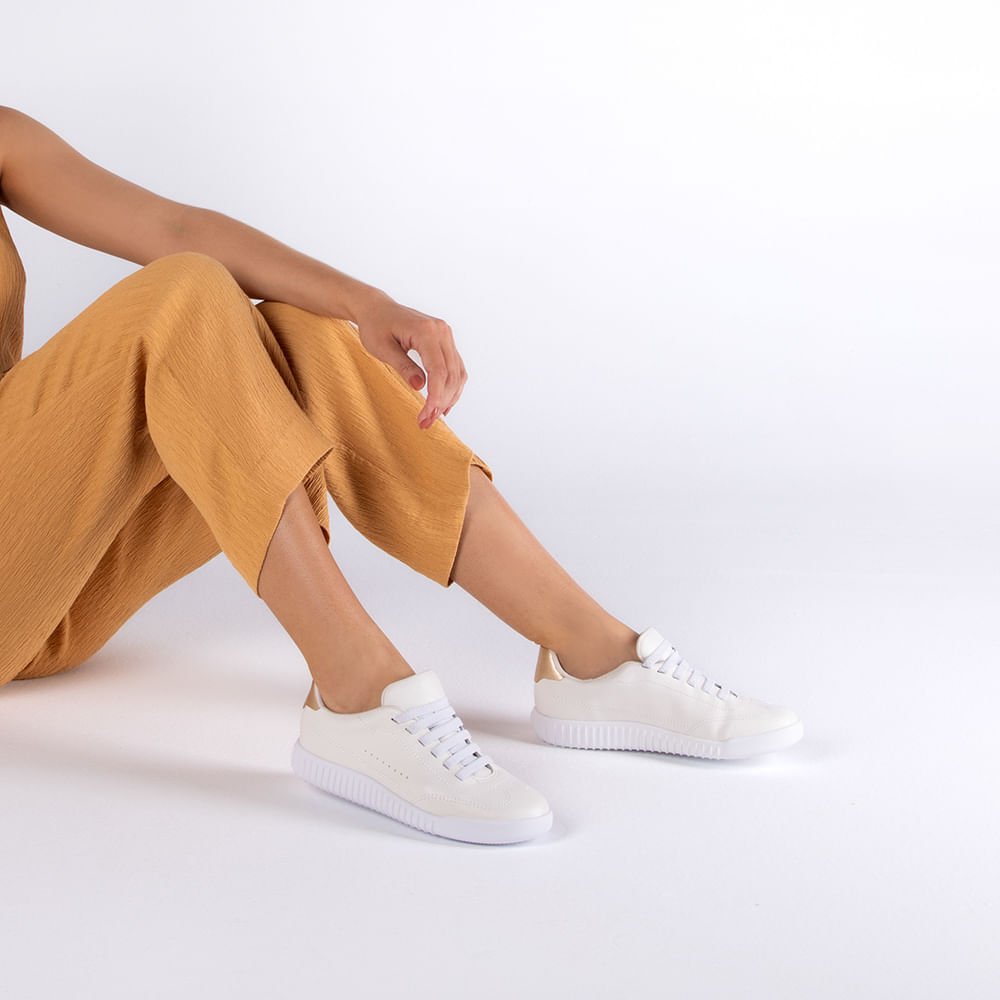 Tênis Casual Branco Couro Cadarço Elástico Branco 4